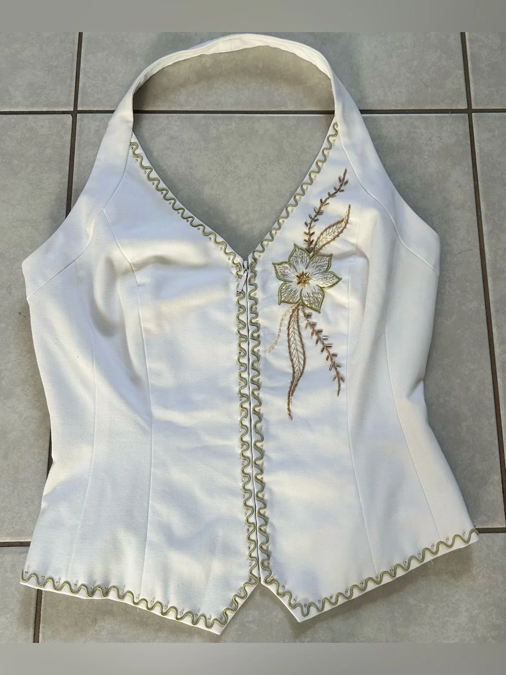 Cache White Halter Top with Green Embroidered Flower - Picture 1 of 7